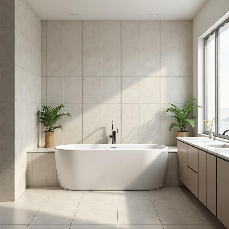 Hình ảnh minh họa gạch 30x60 được sử dụng trong các không gian nhà tắm và nhà bếp hiện đại, showing tính đa năng và thẩm mỹ của loại gạch này